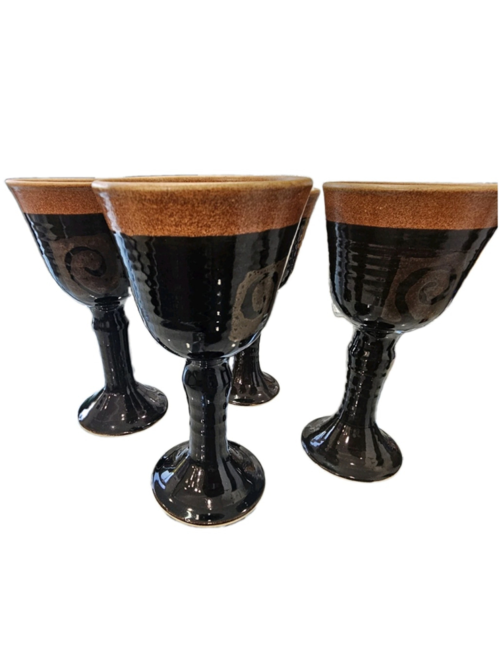 Vintage Handmade Studio Pottery Goblets Set of 4 Black Brown Ceramic Chalices